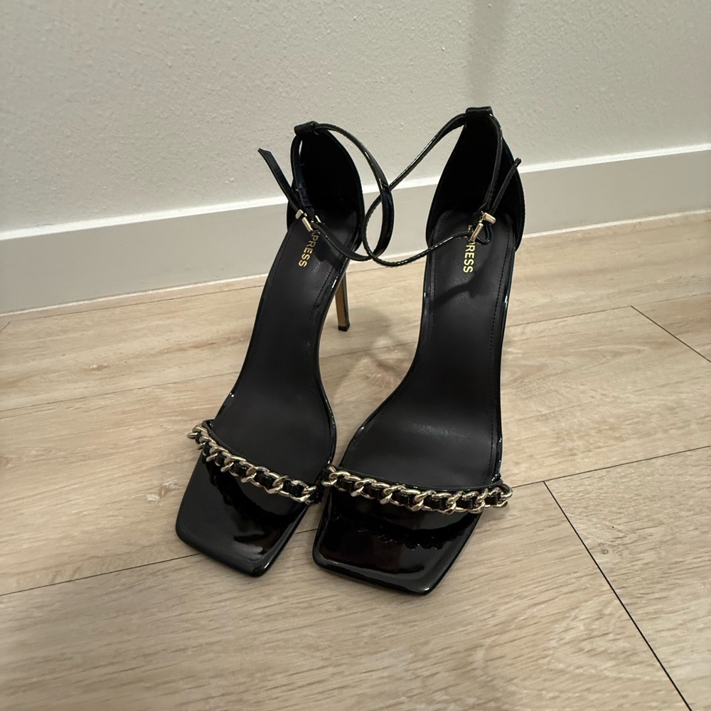 Express Black Patent High Heel Sandals with Gold Chain